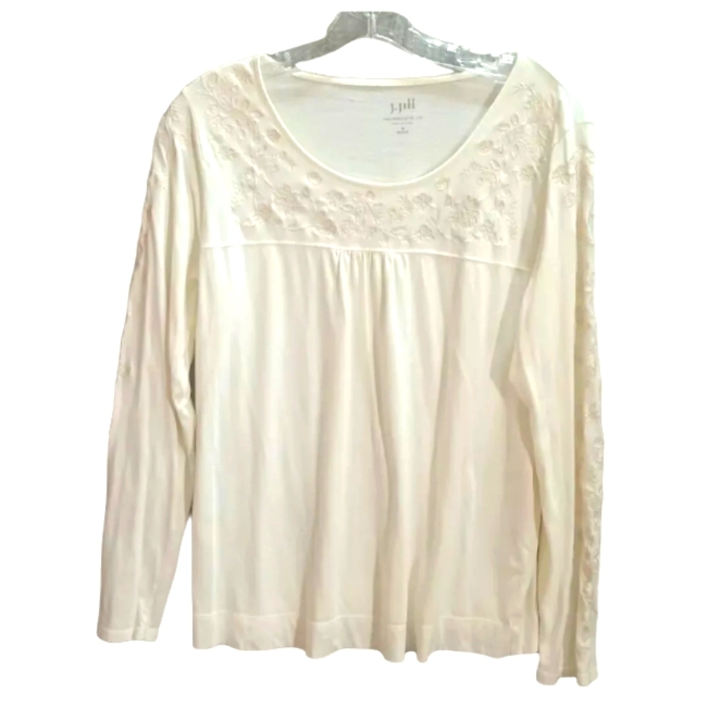 J jill embroidered jersey top long sleeve women's size Medium petite